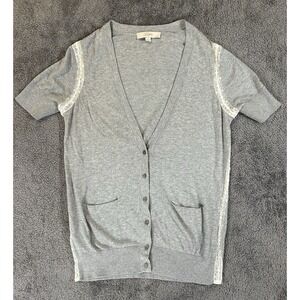 Ann Taylor Grey  w White Lace Trim Button & Pocket Front Cardigan Sweater Size M